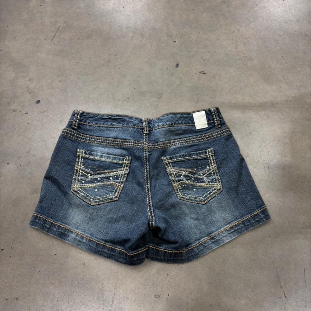 Maurices Y2K Navy Blue Denim Mini Shorts Women 5/6 Dark Wash Sequined Pockets